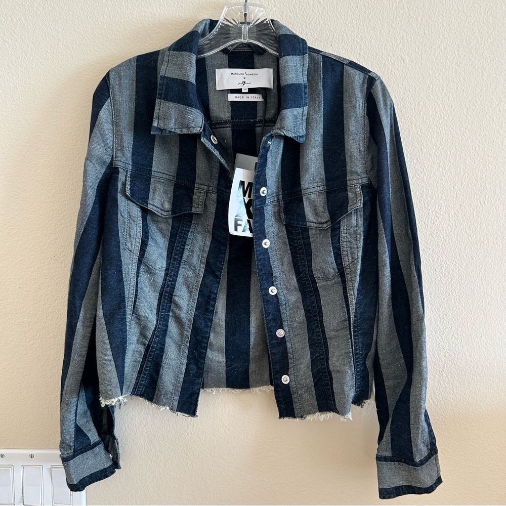 7 for all Mankind x Marques NWT Almeida XS Fitted Jacket Striped Denim Crop